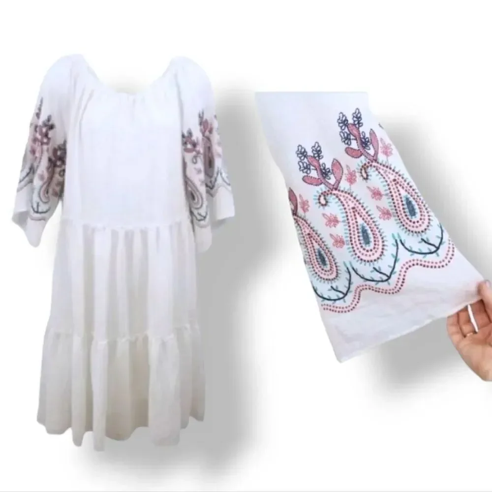 NEW Indigo Rose Textured Paisley Boho Off The Shoulder Dress in White Size Small